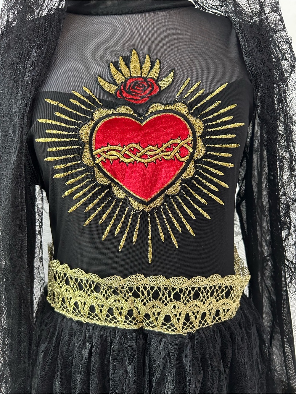 Modern Hero Halloween Day of the Dead Dress Costume Embroidered Sacred Heart - Picture 3 of 9
